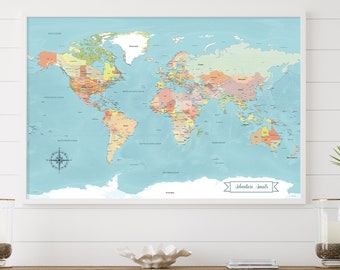 Blue Push Pin World Map - Paper 1st Anniversary Gift, World Traveler, Customized | JW Design Studio