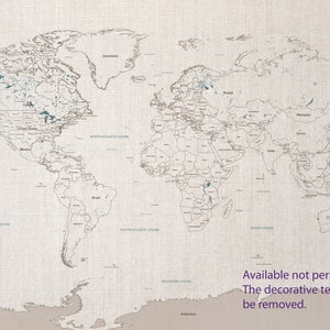 Cotton world map with ability to watercolor paint your travels. Available personalized or not personalized. When not personalized, we remove the decorative text box.