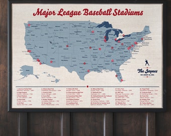 MLB Stadium Map Poster - Baseball Sports Fan, USA Travel Map with pins | JW Design Studio