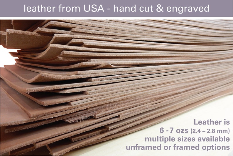 A graphic that shows the leather used in JW Design Studio gifts. Leather from the USA, hand cut and engraved. Our leather is 6 to 7 ounces thick. Which is 2.4 to 2.8 millimeters. Unframed or framed options.