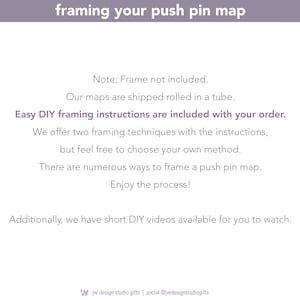 How to Do it yourself mount and frame a push pin travel map by JW Design Studio Gifts! Graphic explains that we provide easy steps to mount and frame your travel map easily!