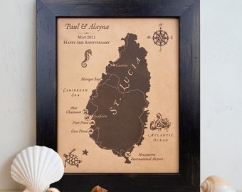 personalized leather map art - 3rd or 9th anniversary, honeymoon, wedding, birthday art | JW Design Studio