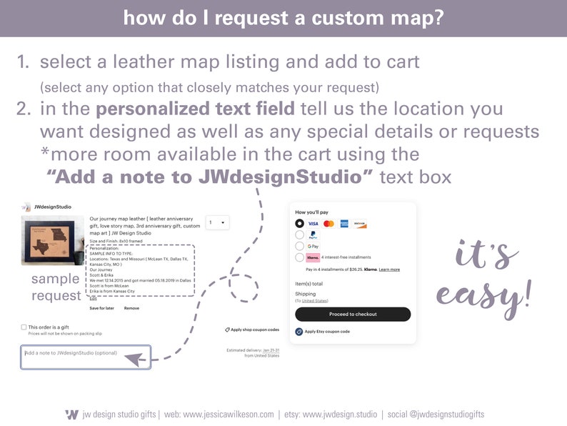 How do I request a custom leather map from JW Design Studio Gifts? It is easy. Just add to cart and provide your custom details. We take it from there and will send you a digital draft to review and approve.