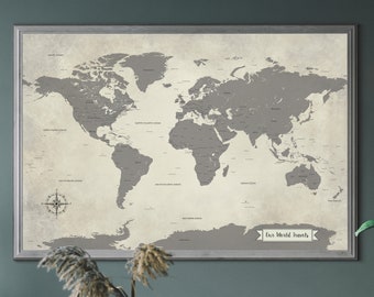 Poster carte du monde gris avec épingles - papier de voyage 1er anniversaire, idée cadeau de remise des diplômes | Studio de conception JW