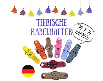 Stickdatei Tierische Kabelhalter - 10x10 Rahmen - Faultier, Einhorn, Flamingo, Nilpferd, Giraffe, Igel, Marienkäfer, Tiger