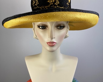 Ladies Mr John Classic Vintage hat. Gold black Straw Church Hat. Wide brim Straw Hat. Classic vintage women's Hat.