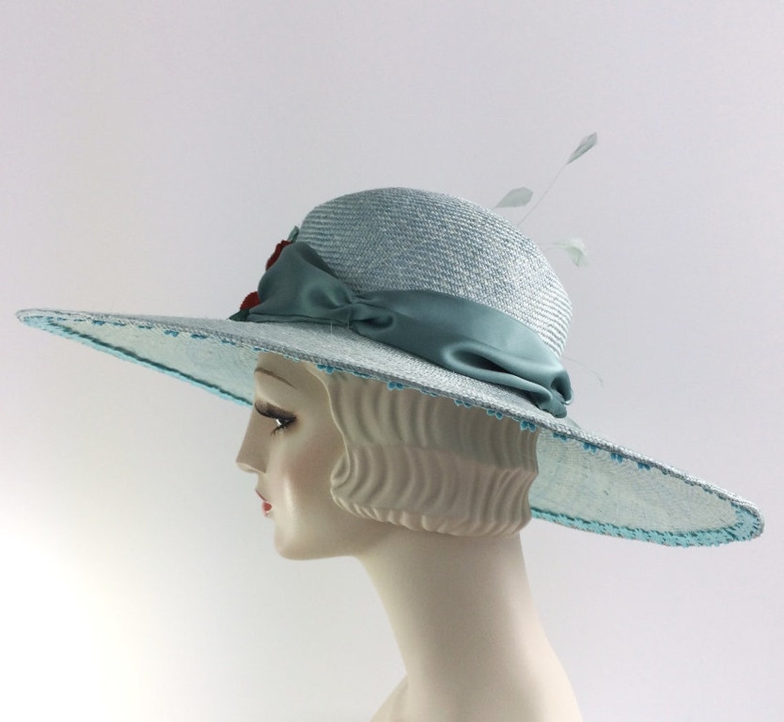 Aqua blue hat. Kentucky Derby womens hat. Wide Brim blue hat. | Etsy
