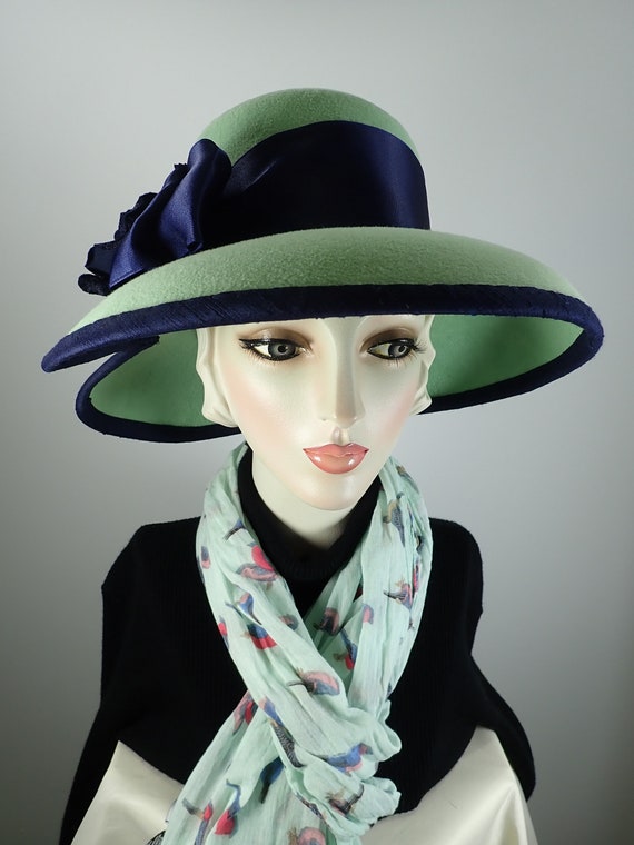 Mint Green Hat Downton. Navy Womens Wide Brim Hat. Wool Felt  display picture 3