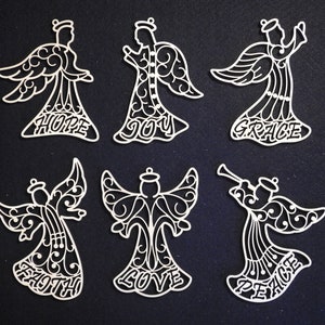 Filigree Christmas Spirit Angel Ornaments - Set of 6 - Baltic Birch - Laser Cut