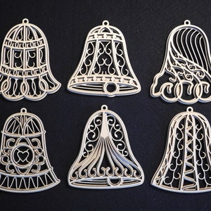 Filigree Bell Layered Ornaments - Set of 6 - Baltic Birch - Laser Cut