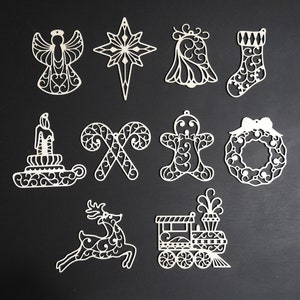 Traditional Filigree Christmas Ornament Set (10) - Baltic Birch - Laser Cut