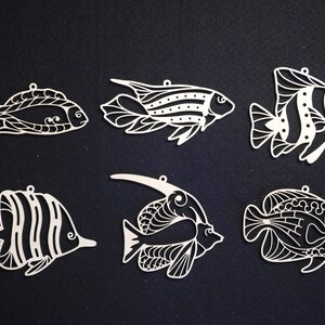 Filigree Tropical Fish Ornaments - Set of 6 - Baltic Birch - Laser Cut