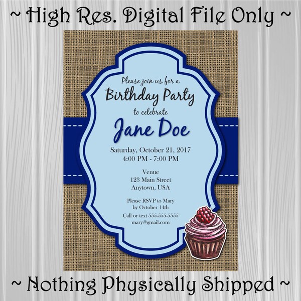 Adult Birthday Party Invitation | Burlap Background with Ribbon | 4 Color Options | Custom Invitation | *DIGITAL FILE*