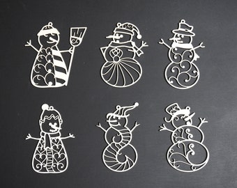 Filigree Snowmen Ornament Set (6) - Baltic Birch - Laser Cut