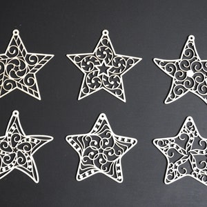 Filigree Star Ornament Set (6) - Baltic Birch - Laser Cut