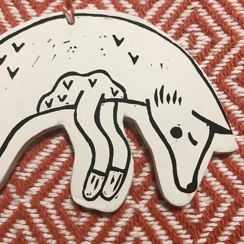 Fox ~ Lino Print ~ Clay Hanging Decoration