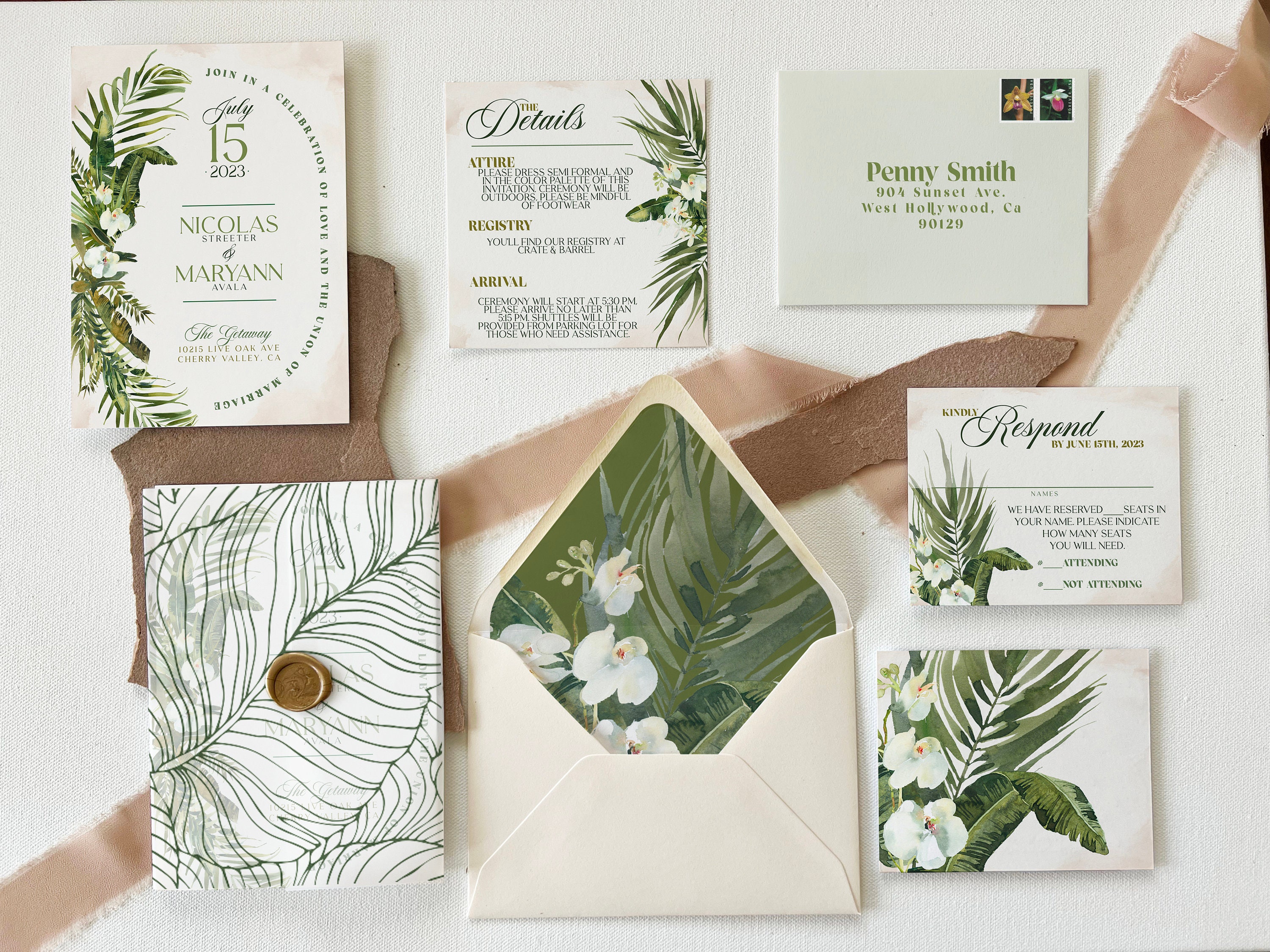 PHYSICAL ITEM- Printed Tropical Destination Wedding Invitations - Pack of 25