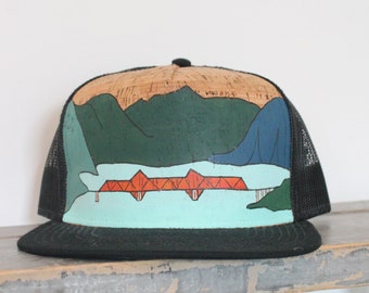 Hand Painted Mountains Cork Trucker Hat: Nelson, BC