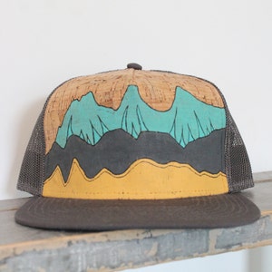 Hand Painted Mountains Cork Trucker Hat: Three Sisters