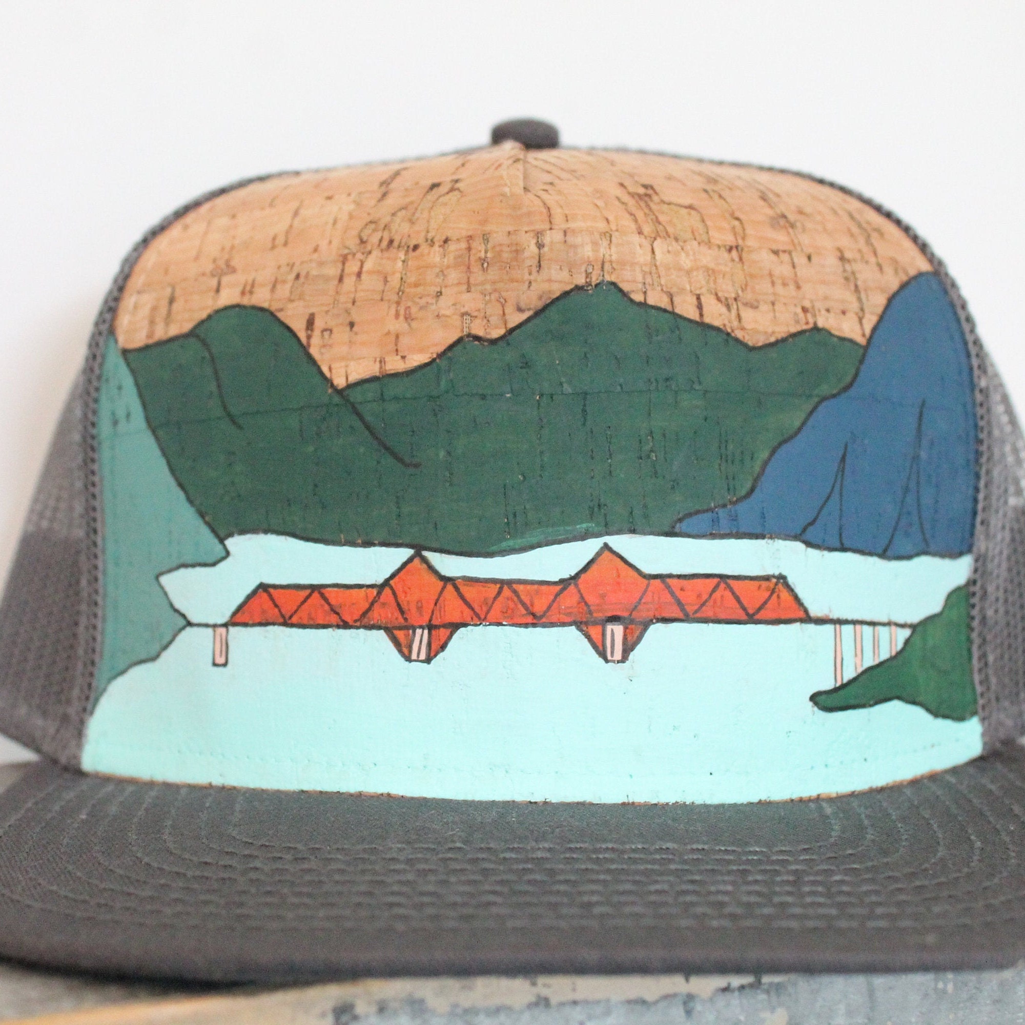 Hand Painted Mountains Cork Trucker Hat: Nelson, BC - Etsy display picture 1