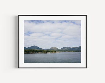 May include: A framed landscape photograph featuring a wide body of dark blue water in the foreground, a dense green forest along the shoreline, and rolling mountains under a bright sky with scattered white clouds in the background.