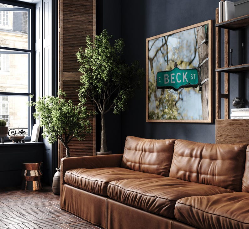 May include: A living room scene featuring a brown leather sofa, a framed picture of a street sign that reads "E BECK ST", and two small green trees. The room has a dark blue wall and a wooden floor.