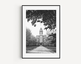 Ohio State University Hall print, Black and White, ohio state gifts, classy office, unique, extra large wall art, handmade, local shop