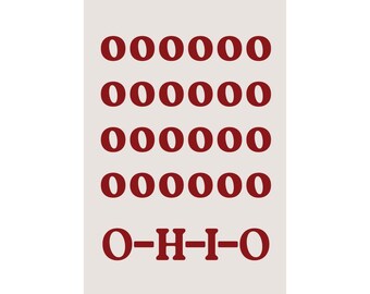 Puede incluir: Impresión rectangular con fondo beige claro. La impresión presenta cinco filas de seis círculos rojo oscuro sobre las letras "O-H-I-O" en rojo oscuro. El diseño es simple y audaz.