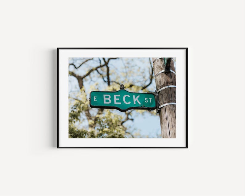 May include: Framed print of a teal street sign that reads "E BECK ST" in white lettering. The sign is mounted on a wooden pole with metal bands. The background features a blurred view of tree branches and a blue sky.