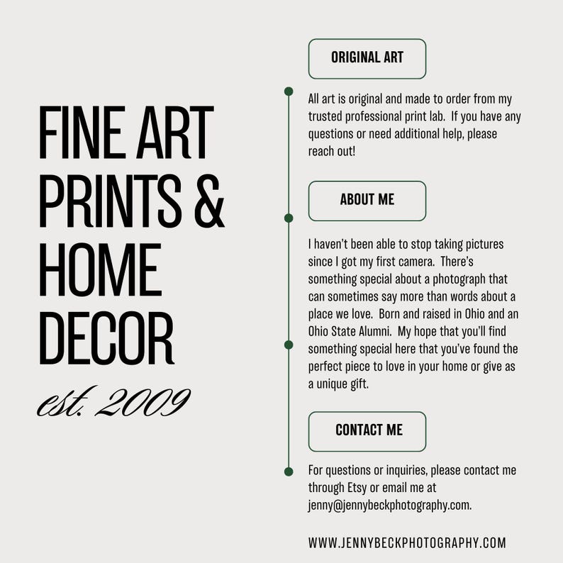 May include: A promotional graphic for fine art prints and home decor. The text includes "FINE ART PRINTS & HOME DECOR est. 2009" in a bold, black font. Additional text provides information about the art and contact details.