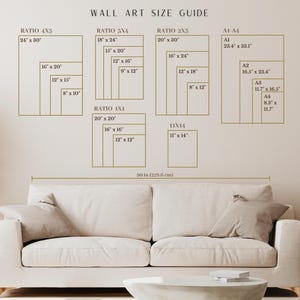 May include: Wall art size guide with dimensions in inches, including ratios 4x5, 3x4, 2x3, and 1x1. Sizes range from 8" x 10" to 24" x 30", with A1-A4 sizes also listed. The text "WALL ART SIZE GUIDE" is at the top.