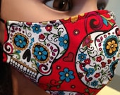 Red Sugar Skulls Fabric Face Masks w sewn in Filter, Small Kids, Teen Adult Small, Adult Med, Adult Lg, Adult XLg