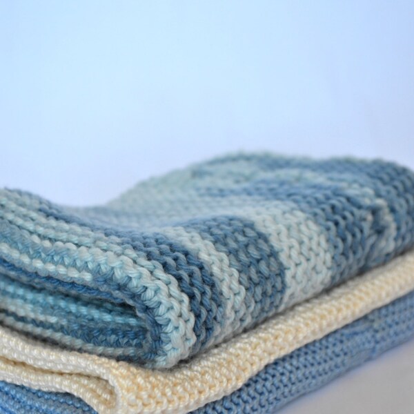 100% Cotton Knit Hand Towels, Mismatched Set Knit Dish Cloths, Blue Knit Towels