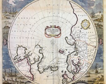 North Pole map LARGE Vintage historic old world map of arctic circle Frederick de Wit style fine art map decor home decor print unique gift