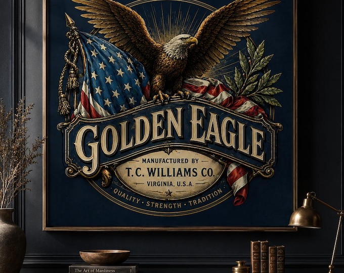 Americana Wall Art | Golden Eagle Tobacco Label Print | Patriotic Eagle Poster | Man Cave Decor | Whiskey Bar Art