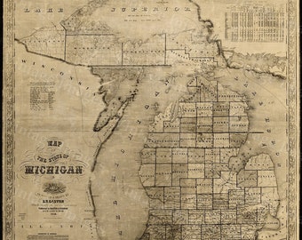 vecchio michigan mappa vintage 1856 vecchia mappa del Michigan Old Antique Restoration Style Mappa Lake House housewarming regalo Michigan mappa Belle arti mappa