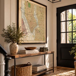 May include: A framed vintage map of New York City hangs above a wooden console table with a black metal frame. The table holds a ceramic vase with greenery, a wooden bowl, two stacked books, and a small box. A woven basket sits on the lower shelf.