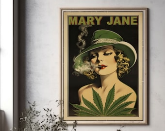 Vintage 1930's Speakeasy Mary Jane poster Cannabis Dispensary Marijuana Poster Hippie Fine Art Print - Stoner gift ideas hipster wall decor