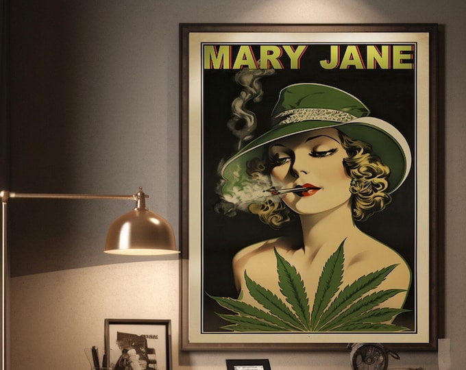 Vintage 1930's Mary Jane Cannabis poster Dispensary Shop Supply - Marijuana Poster Fine Art Print - Stoner gift ideas Airbnb decoration V2