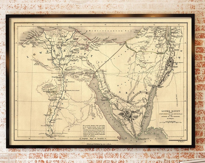 Biblical Map Journey of the Israelites Lower Egypt map Peninsula of Mount Sinai Antique Style Wall Map Vintage Map Judea Christian Gift Idea