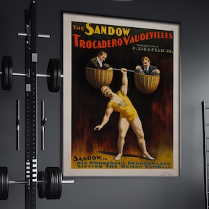Sandow Strongman Poster 1894 – Vintage Gym Wall Art, Weightlifting Print, Workout Room Decor, Fitness Gift for Him, Home Gym Poster