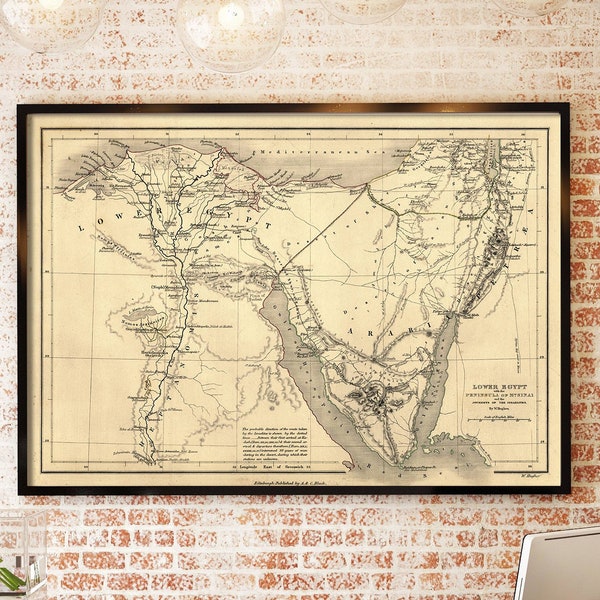 Biblical Map Journey of the Israelites Lower Egypt map Peninsula of Mount Sinai Antique Style Wall Map Vintage Map Judea Christian Gift Idea