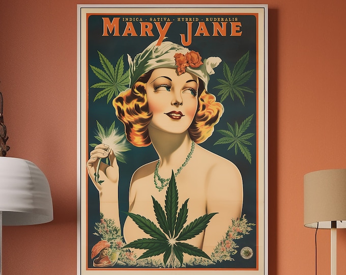 Retro Weed Poster for Dorm or Man Cave, Funny Marijuana Wall Art Print, Boho Cannabis Decor Gift, Stoner Room Aesthetic Print