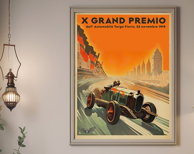 Vintage 1919 Italian Grand Prix racing Poster Targa Florio Race Car Print, Race Fan Gift idea Executive Office decor Sicily Italy race Decor