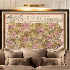 1849 carte de Pennsylvanie Affiche vintage Pennsylvanie carte Pennsylvanie Pendaison de crémaillère Cadeau Pennsylvanie Carte Art décoratif Carte