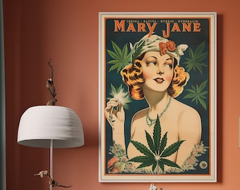 Vintage Marijuana Poster Retro Bohemian boho Wall Art Mary Jane print, Cannabis print Wall Art Fine Art Marihuana Dispensary Gift idea