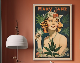 Vintage Marijuana Poster Retro Bohemian boho Wall Art Mary Jane print, Cannabis print Wall Art Fine Art Marihuana Dispensary Gift idea