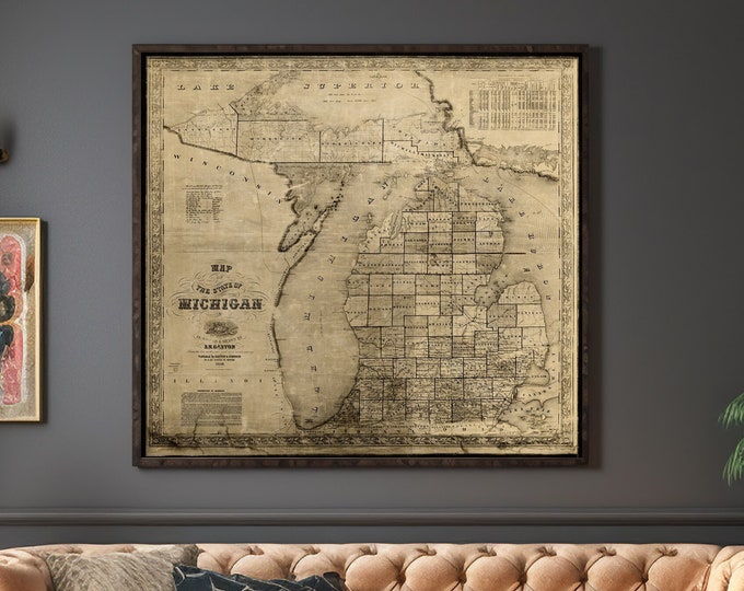 Vintage Michigan map 1856 old map of Michigan Old Antique Style Michigan State Gift wall Map Lake Michigan Decor Housewarming gift