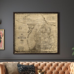 Vintage Michigan map 1856 old map of Michigan Old Antique Style Michigan State Gift wall Map Lake Michigan Decor Housewarming gift