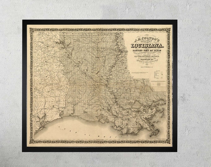 old map of Louisiana, Louisiana poster, Louisiana map art, Louisiana map Print 1863,Large, Louisiana gift idea, map sizes up to 5ft x 6ft